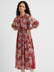 Great Plains Red Retro Poppy Long Sleeve Midi Dress - Image 3 of 5