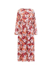 Great Plains Red Retro Poppy Long Sleeve Midi Dress - Image 5 of 5