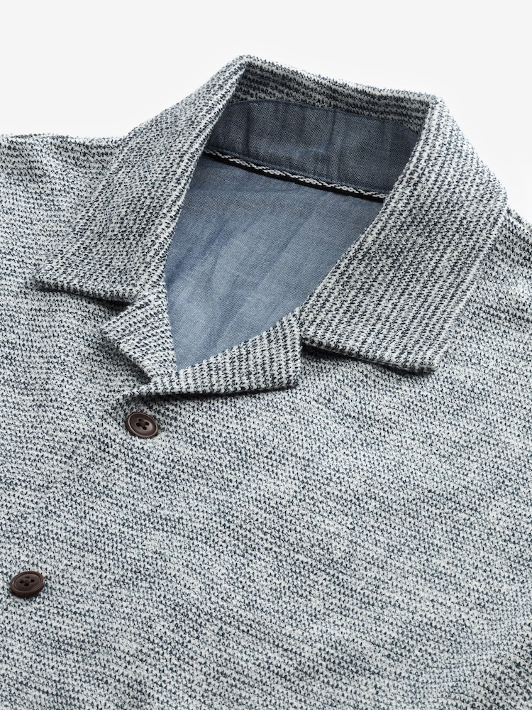 Bleu - Cuban Col Textured Jersey Manches courtes Chemises - Image 2 of 7