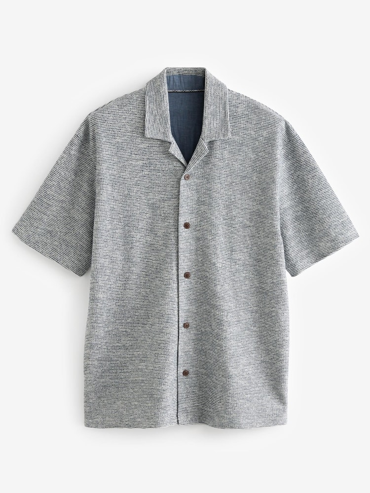 Bleu - Cuban Col Textured Jersey Manches courtes Chemises - Image 5 of 7