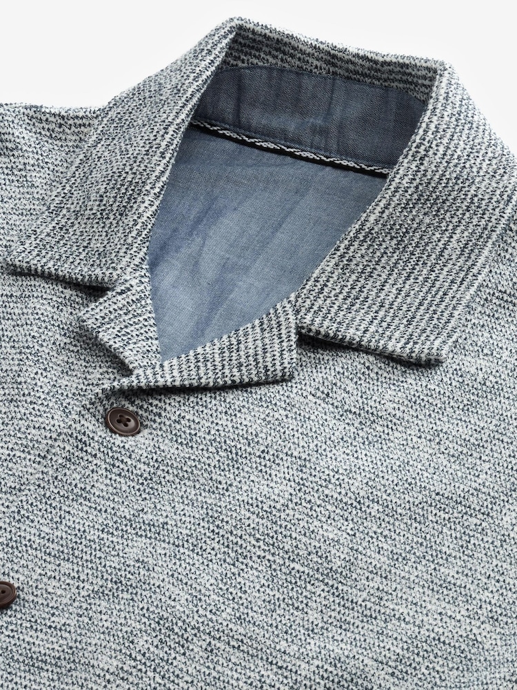 Bleu - Cuban Col Textured Jersey Manches courtes Chemises - Image 6 of 7