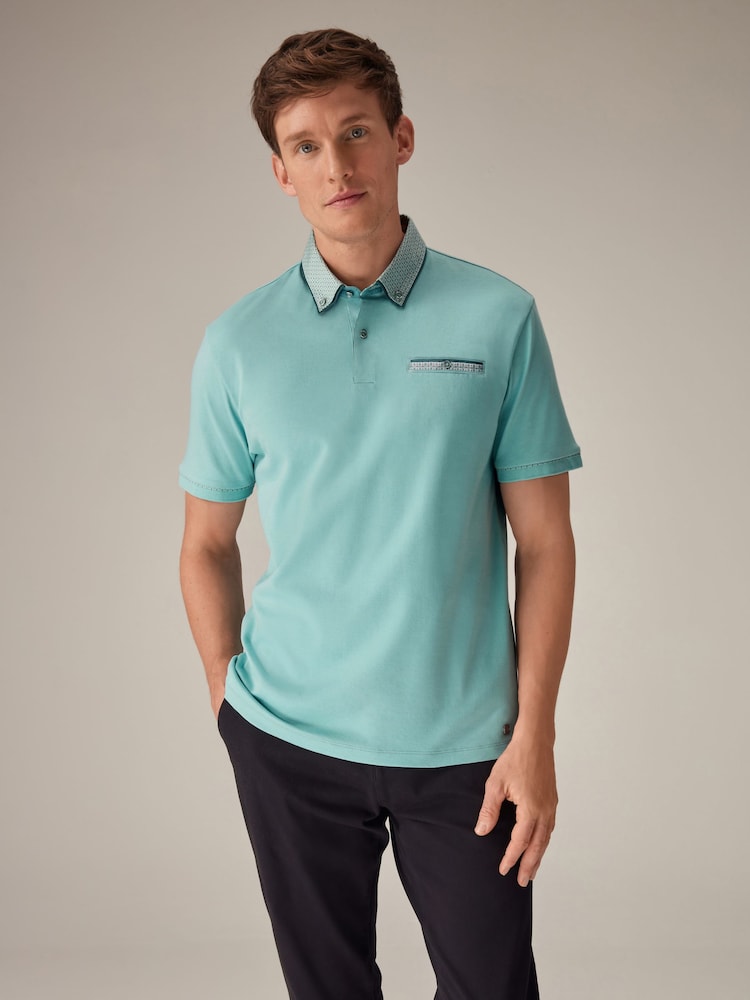 Aqua Blue 100% Cotton Short Sleeve Smart Collar Polo Shirt - Image 1 of 8