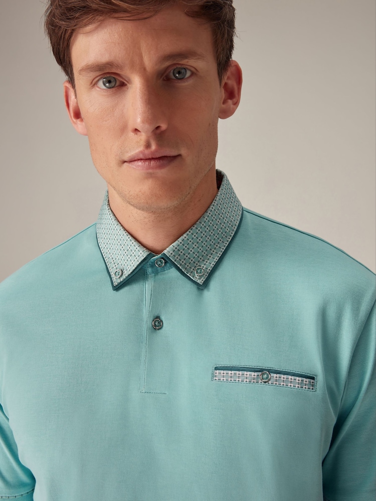 Aqua Blue 100% Cotton Short Sleeve Smart Collar Polo Shirt - Image 2 of 8