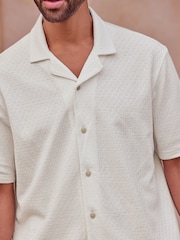 White 100% Cotton Cuban Collar Textured Jersey Short Sleeve Shirt - Image 1 of 7