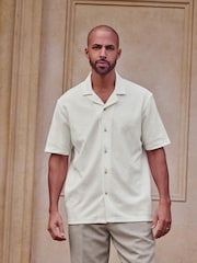 White 100% Cotton Cuban Collar Textured Jersey Short Sleeve Shirt - Image 3 of 7