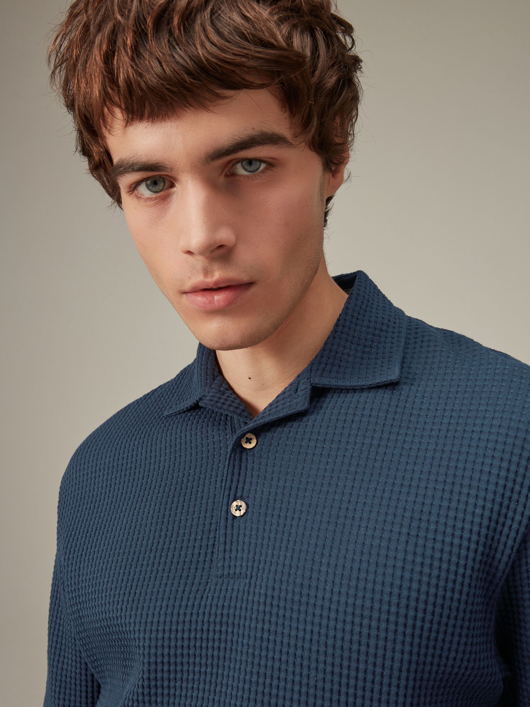 Buy Blue Textured Waffle Polo Shirt from Next Luxembourg