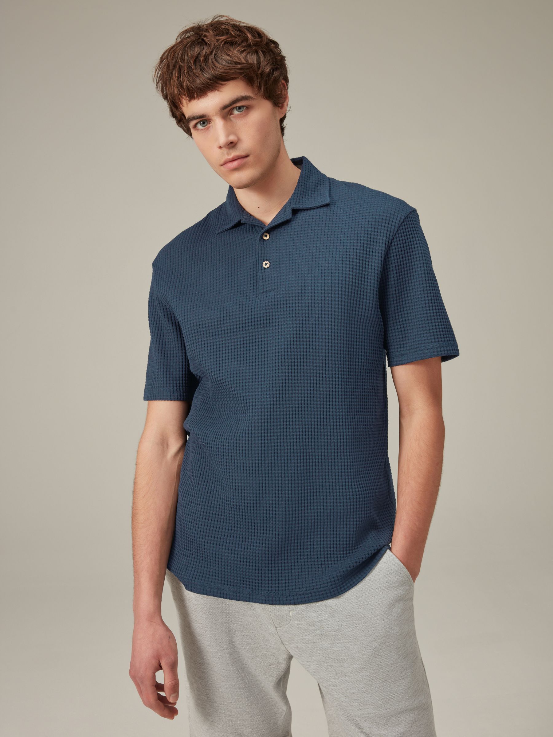 Buy Blue Textured Waffle Polo Shirt from Next Luxembourg Buy Blue Textured Waffle Polo Shirt from Next Luxembourg