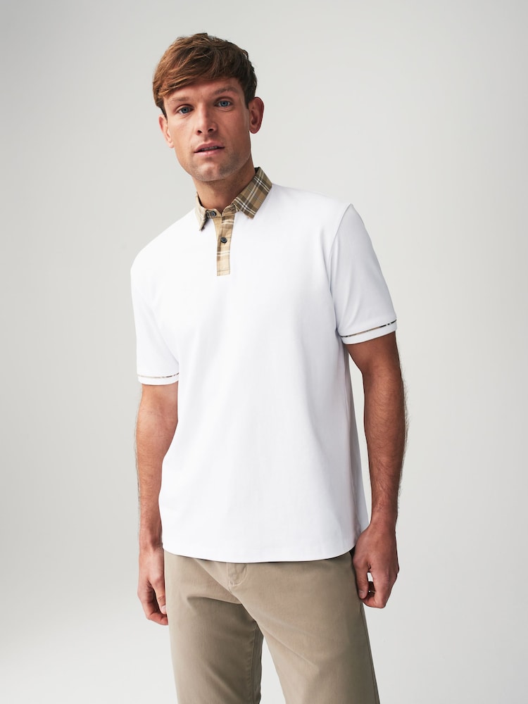 White Check 100% Cotton Short Sleeve Smart Collar Polo Shirt - Image 1 of 7