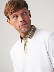 White Check 100% Cotton Short Sleeve Smart Collar Polo Shirt - Image 4 of 7