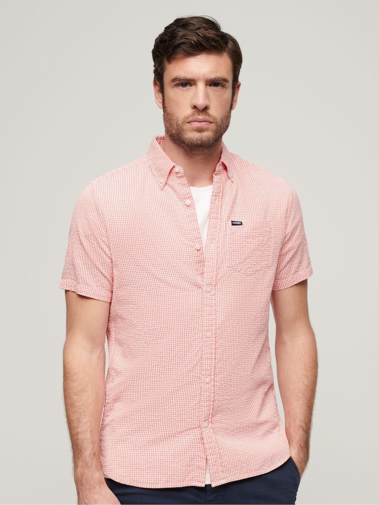 Superdry Pink 100% Cotton Seersucker Short Sleeved Shirt - Image 1 of 6