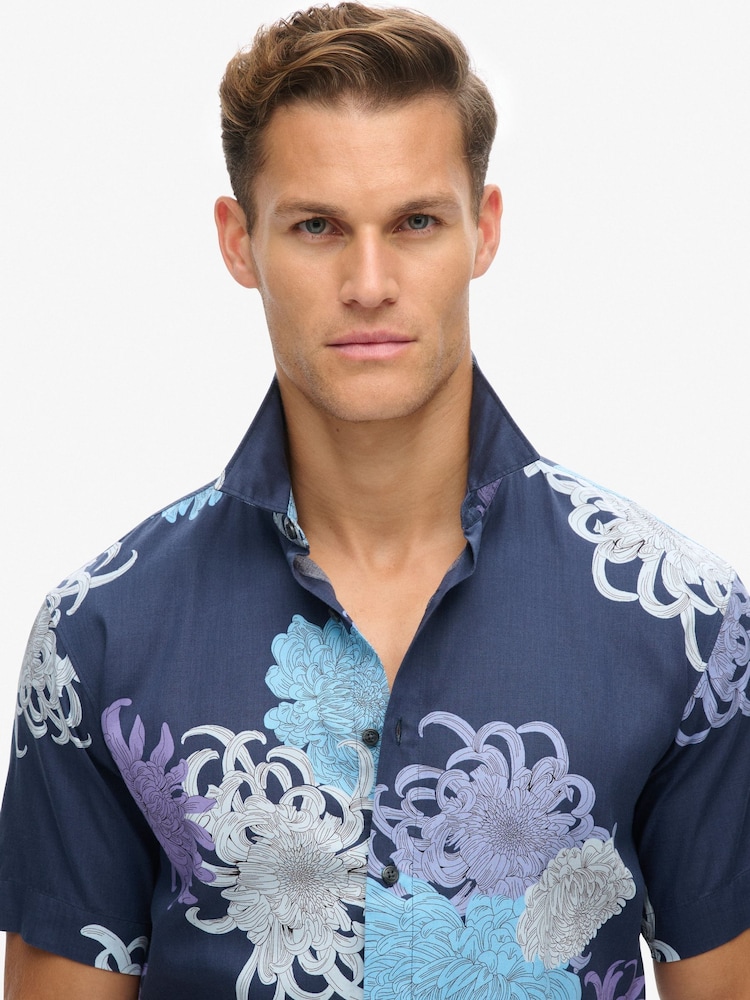 Superdry Chrysanthemum Navy Hawaiian Print Shirt - Image 2 of 6