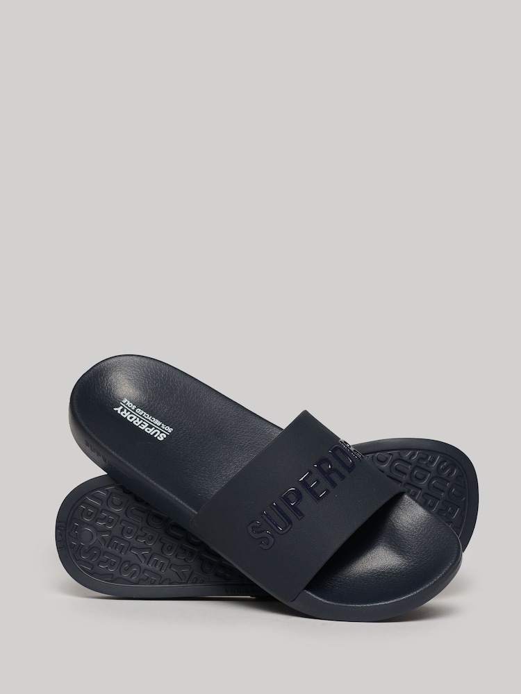 Superdry Blue Logo Vegan Pool Sliders - Image 1 of 8 Superdry Blue Logo Vegan Pool Sliders - Image 1 of 8
