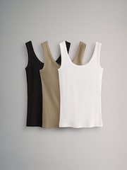 The Set Black/Khaki Green/White 3 Pack Ribbed Scoop Neck Vests - Image 2 of 10