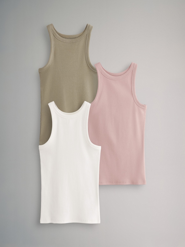 The Set Khaki Green/Pink/Cream 3 Pack Ribbed Racer Vests - Image 2 of 11