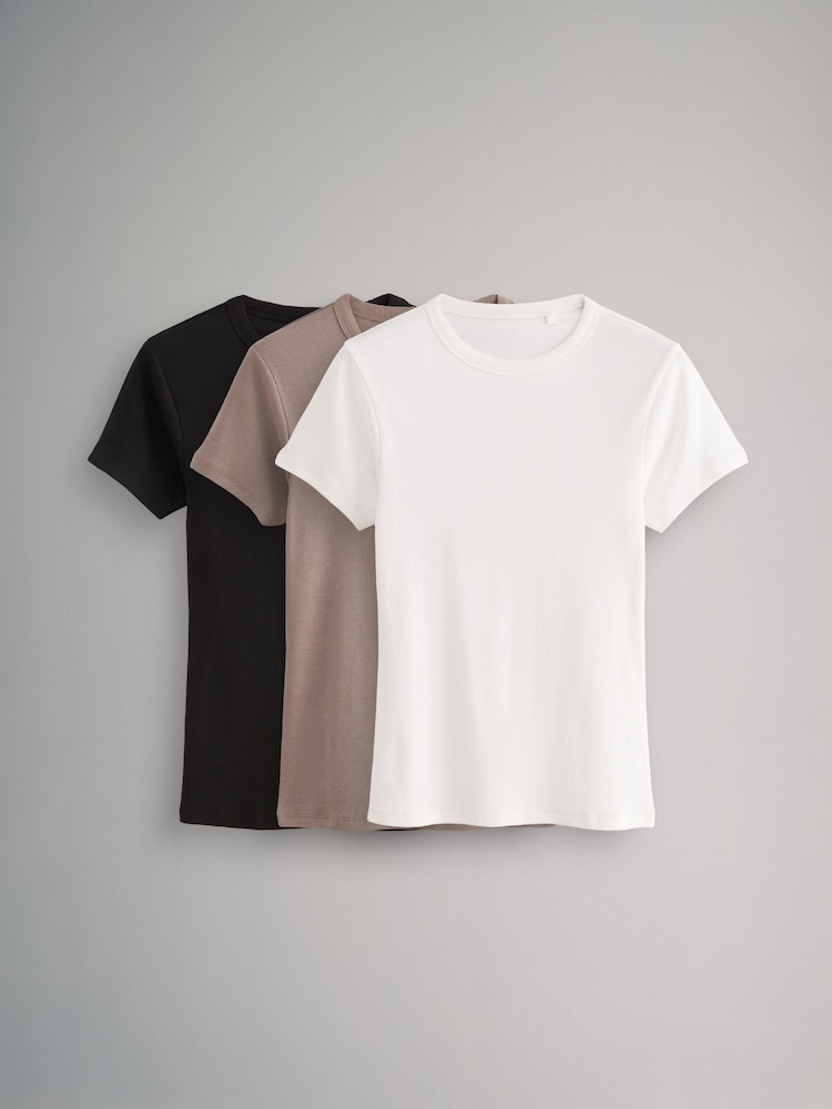 The Set Black/Taupe Brown/White 3 Pack Ribbed Short Sleeve T-Shirts - Image 2 of 11