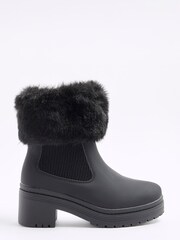 River Island Black Girls Faux Fur Cuff Heel Boots - Image 1 of 5
