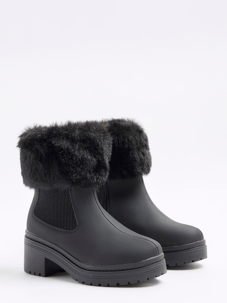 River Island Black Girls Faux Fur Cuff Heel Boots - Image 2 of 5