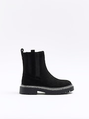 River Island Black Girls Suedette Diamonte Boots - Image 1 of 5