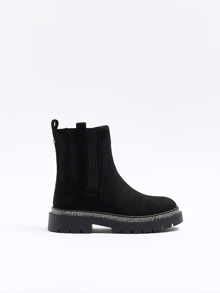 River Island Black Girls Suedette Diamonte Boots - Image 1 of 5