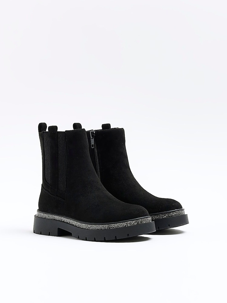 River Island Black Girls Suedette Diamonte Boots - Image 2 of 5