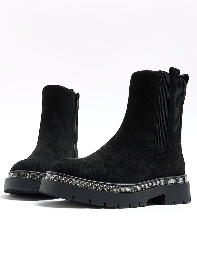River Island Black Girls Suedette Diamonte Boots - Image 5 of 5