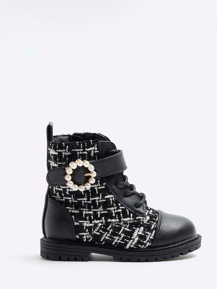 River Island Black Girls Boucle Pearl Boots - Image 1 of 5