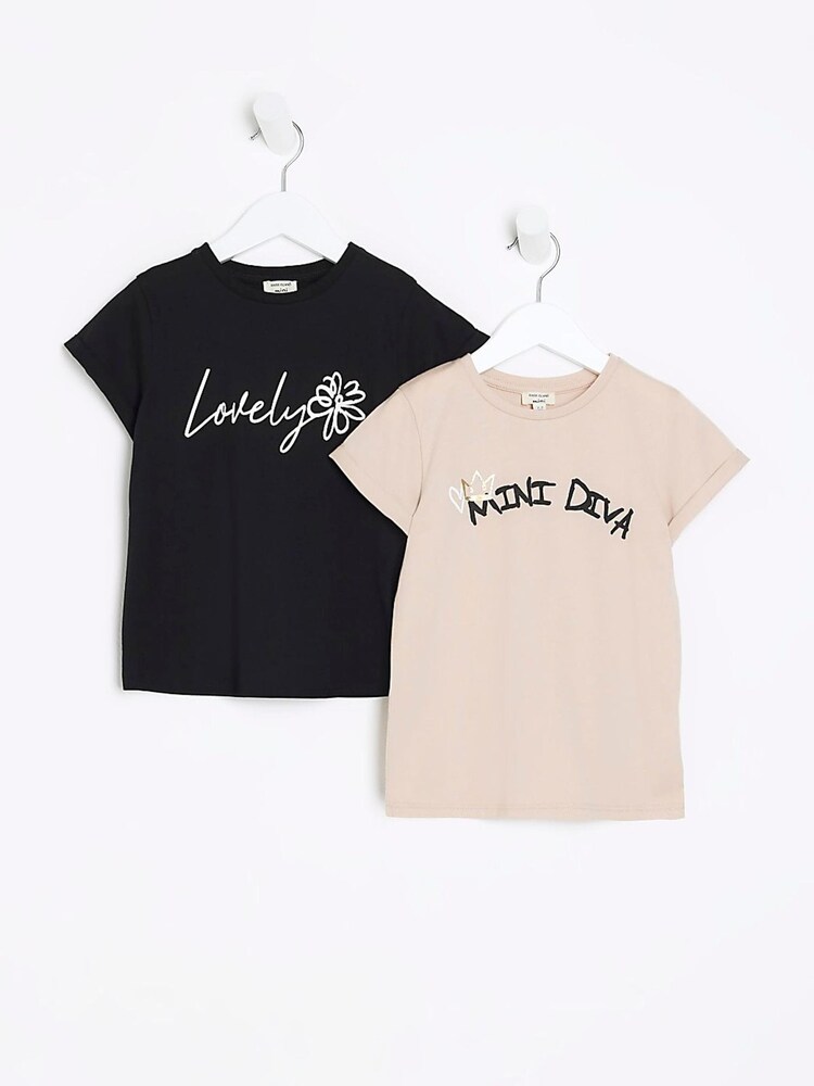 River Island Black/Natural Mini Girls 100% Cotton Diva T-Shirts 2 Pack - Image 1 of 4