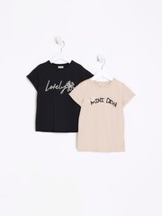 River Island Black/Natural Girls Pack of 2 Mini Diva T-Shirt - Image 1 of 4