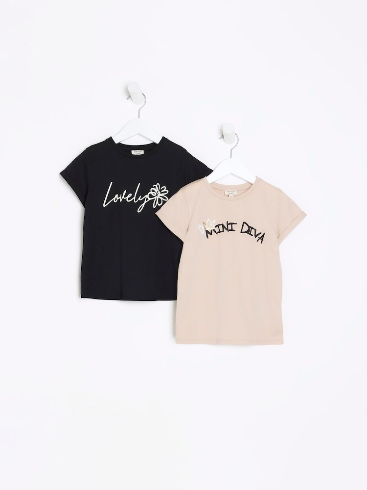 River Island Black/Natural Girls Pack of 2 Mini Diva T-Shirt - Image 1 of 4 River Island Black/Natural Girls Pack of 2 Mini Diva T-Shirt - Image 1 of 4