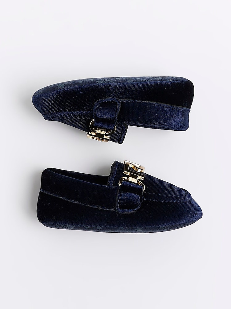 Buy River Island Blue Velour Logo Baby Boys Loafers from the Next