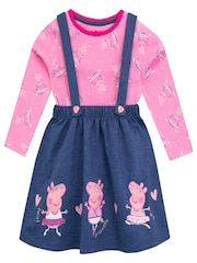 Character Pink 100% Cotton Peppa Pig Pinafore Dress and Long Sleeve Aop Top - Image 1 of 4