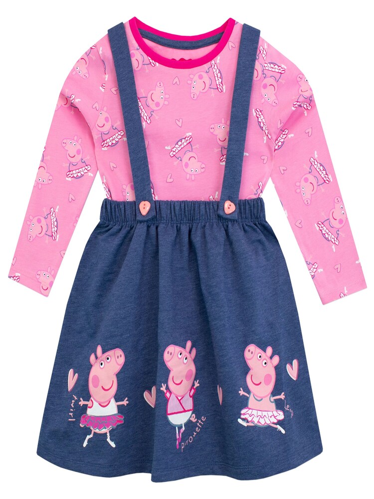 Character Pink 100% Cotton Peppa Pig Pinafore Dress and Long Sleeve Aop Top - Image 1 of 4