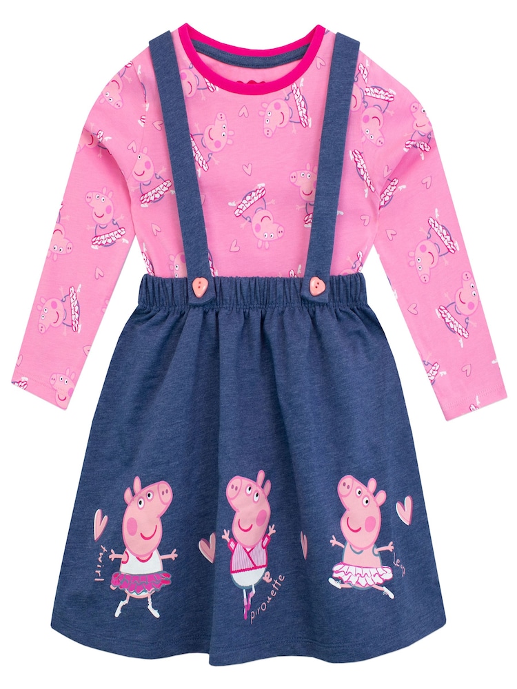 Character Pink 100% Cotton Peppa Pig Pinafore Dress and Long Sleeve Aop Top - Image 1 of 4 Character Pink 100% Cotton Peppa Pig Pinafore Dress and Long Sleeve Aop Top - Image 1 of 4