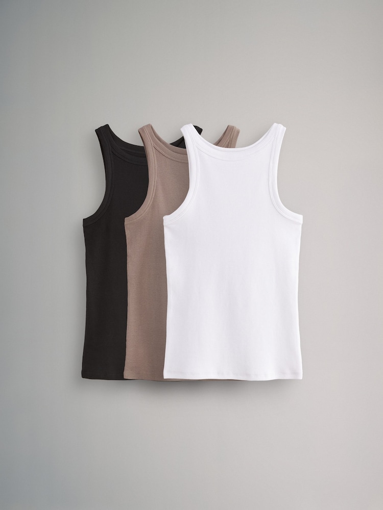 The Set Black/Taupe Brown/White 3 Pack Ribbed Racer Vests - Image 2 of 9