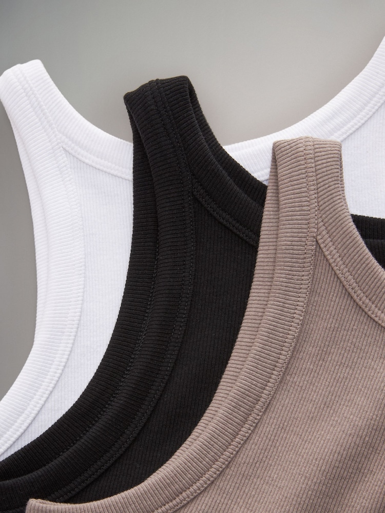The Set Black/Taupe Brown/White 3 Pack Ribbed Racer Vests - Image 9 of 9
