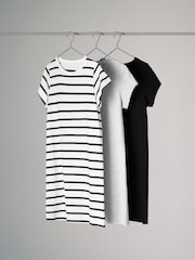 The Set Black/Grey/White Stripe 3 Pack 100% Cotton Short Sleeve T-Shirt Dresses - Image 1 of 8