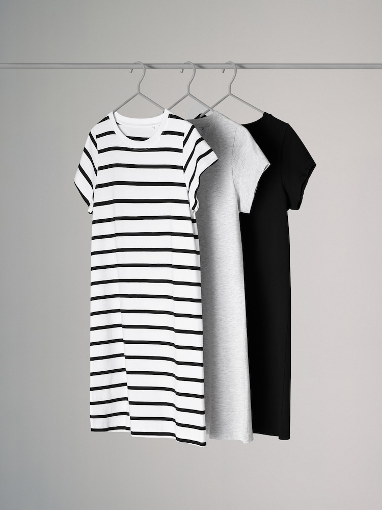 The Set Black/Grey/White Stripe 3 Pack 100% Cotton Short Sleeve T-Shirt Dresses - Image 1 of 8