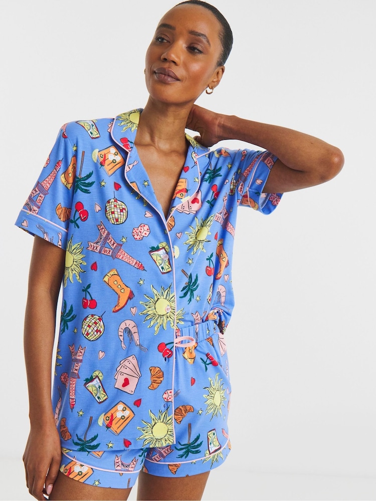 Simply Be Blue Pretty Secrets Shortie Revere Pyjamas Set - Image 1 of 4