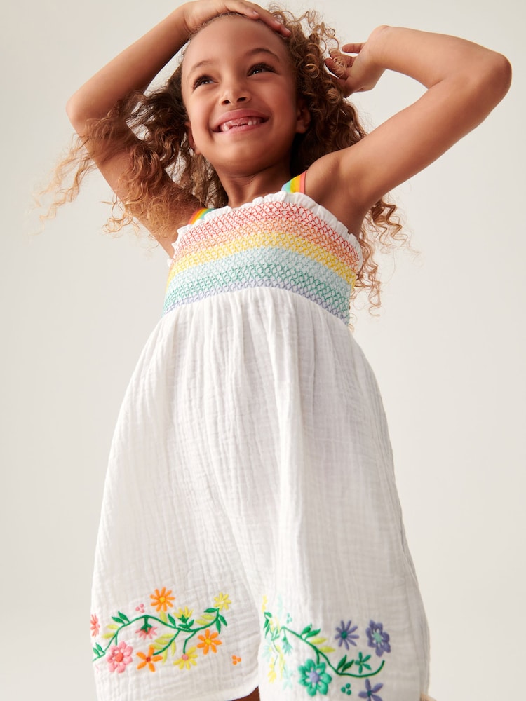 Little Bird by Jools Oliver White Rainbow Floral Embroidered Playsuit - Image 2 of 7