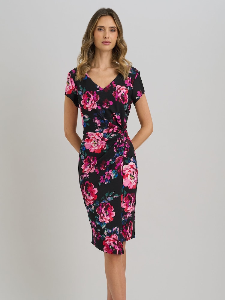 Gina Bacconi Black Paulette Twist Knot Cape Sleeve Floral Dress - Image 1 of 6