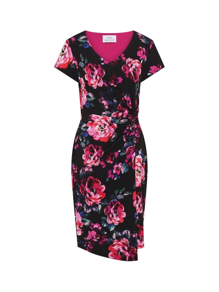Gina Bacconi Black Paulette Twist Knot Cape Sleeve Floral Dress - Image 6 of 6