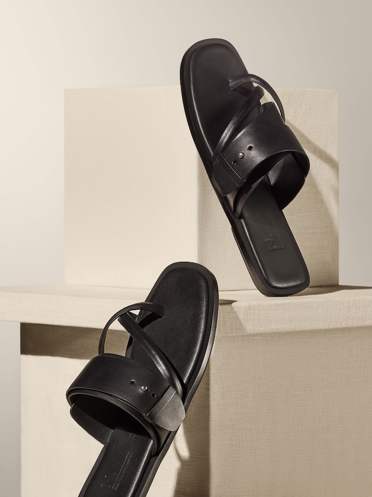 Black Premium Leather Forever Comfort® Cross Toe Post Sandals - Image 1 of 6