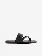 Black Premium Leather Forever Comfort® Cross Toe Post Sandals - Image 3 of 6
