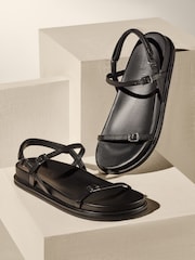 Black Premium Leather Thin Strap Footbed Sandals - Image 1 of 4