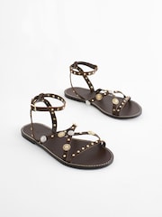 Chocolate Brown Leather Studded Flat Sandals - Image 3 of 7