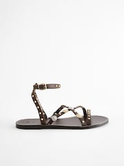 Chocolate Brown Leather Studded Flat Sandals - Image 4 of 7