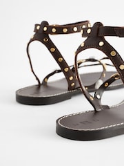 Chocolate Brown Leather Studded Flat Sandals - Image 5 of 7