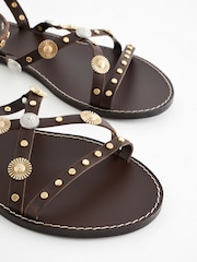 Chocolate Brown Leather Studded Flat Sandals - Image 6 of 7