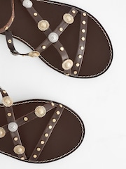 Chocolate Brown Leather Studded Flat Sandals - Image 7 of 7