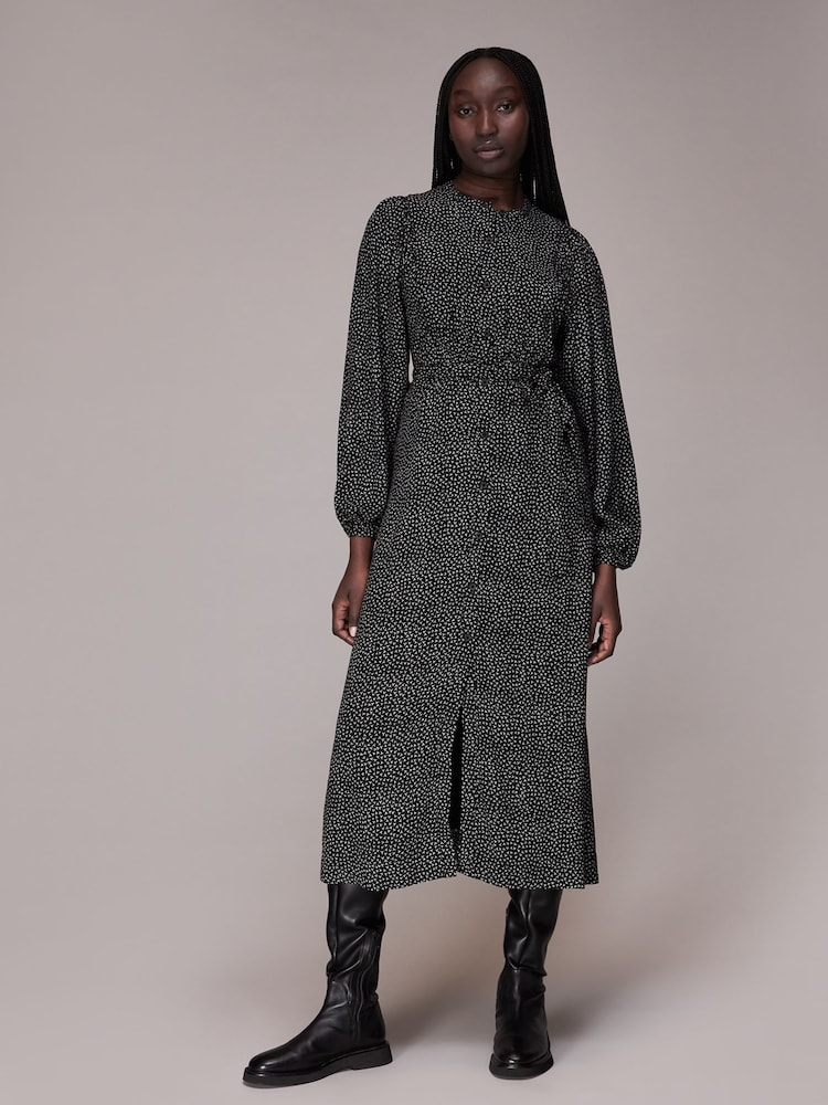 Whistles Scattered Y Print Black Midi Dress - Image 1 of 1 Whistles Scattered Y Print Black Midi Dress - Image 1 of 1